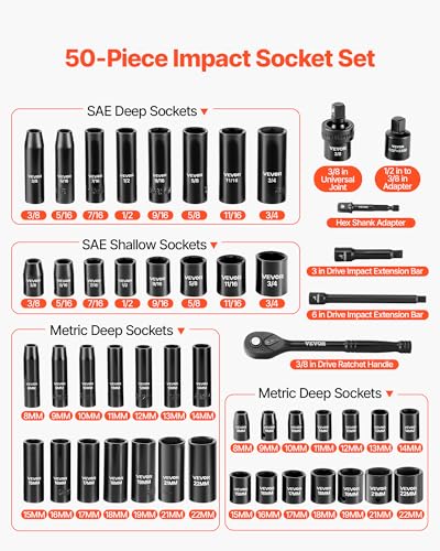 VEVOR 3/8" Drive Impact Socket Set, 50-Piece Standard SAE (5/16 to 3/4 inch) & Metric (8-22 mm) Size, Deep & Shallow, 6 Point, CR-V, Ratchet Handle, Extension Bars, Universal Joint, Reducer, Adapter - size: 3/8" 50 PCS
