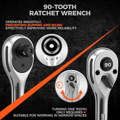 HORUSDY 1/2" Drive 90T Quick-Release Ratchet Handle, Reversible Chrome Alloy Socket Wrench with 1/2" to 3/8" Adapter, Durable and Comfortable for Automotive, DIY, Industrial and Bicycle Repairs - style: 1/2" Drive 90T