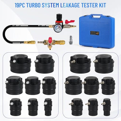 19Pcs Turbo System Leakage Tester Kit,Turbo Boost Leak Tester Turbocharger Air Pressure Guage Cooling System Intercoolers Radiators Hose Leak Tester with 8 Pairs of Stepped Adapters 1-1/4” to 4-3/8"