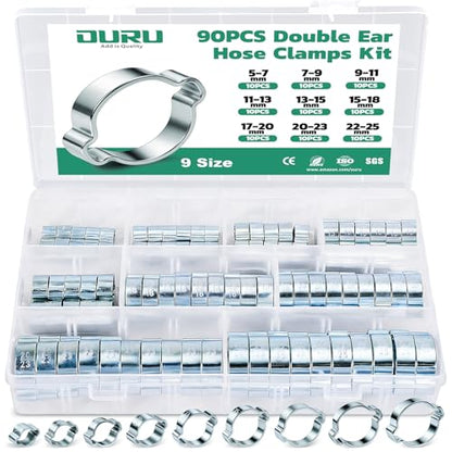 OURU 90PCS Double Ear Hose Clamps, 9 Sizes 5-25mm Galvanized Steel Crimp Rings for Hoses, Tubes, and Pipelines - size: 90PCS（5-25mm）