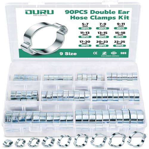 OURU 90PCS Double Ear Hose Clamps, 9 Sizes 5-25mm Galvanized Steel Crimp Rings for Hoses, Tubes, and Pipelines - size: 90PCS（5-25mm）