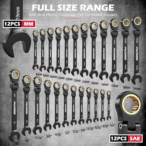 Premium 24-Piece Flex-Head Ratcheting Wrench Set, Metric(8–19mm)& SAE(1/4-7/8") Combination Wrenches, 72-Tooth CR-V Steel with Durable Black Finish, Ratchet Spanners with Roll-Up Tool Pouch for Repair - style: 24-Pc Flex-Head (Black Finish)