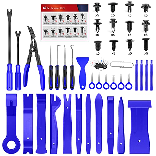 Nilight Trim Removal Tool 102 Pcs, Auto Push Pin Bumper Retainer Clip Set Fastener Terminal Remover Tool Round Handle Crowbar Kit Car Panel Radio Removal Auto Clip Pliers - color: 102 Clips+ Remover Tools Blue