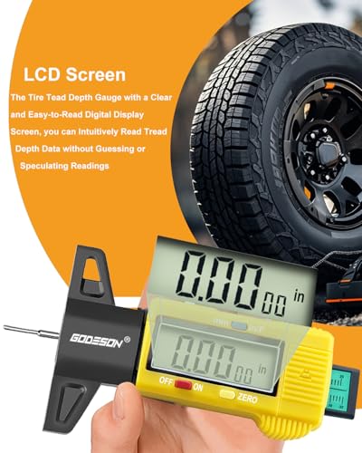 GODESON Yellow Digital Tire Tread Depth Gauge - 3 Modes (32NDS/Decimal Inch/mm), Accuray Zeroable Tread Gauge - Large LCD Display, Professional Tire Depth Measuring Tool for Cars, Motorcycles & Vans - color: Yellow