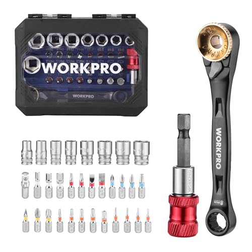 WORKPRO 1/4" Mini Ratchet Wrench Set with Magnetic Bit Holder, Screwdriver Bit Set, S2 Steel, Metric Shallow Socket (6-13mm), 72-Tooth, Right Angle Screwdriver, with Storage Case for DIY, Auto Repair | Mini Ratchet Wrench 1/4" Double Head 3-in-1 S2 Steel