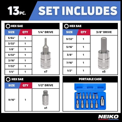 Neiko 10075A SAE Hex Bit Socket Set | 13-Piece Set | S2 Steel - size: 13 Piece, style: Allen Hex Bit