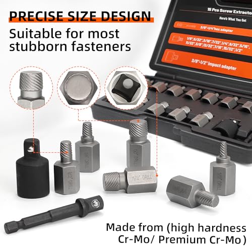 15Pcs Screw Extractor Set Double Hex Head Multi-Spline Lug Nut Remover | 3/8 Inch Drive Easy Out Bolt Extractor Set for Removing Stripped, Rounded, Damaged, Broken Studs Bolts Screws - size: 15pcs
