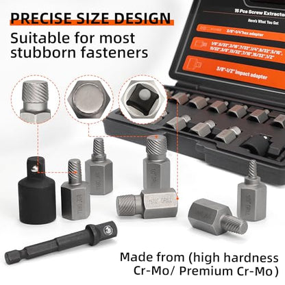 15Pcs Screw Extractor Set Double Hex Head Multi-Spline Lug Nut Remover | 3/8 Inch Drive Easy Out Bolt Extractor Set for Removing Stripped, Rounded, Damaged, Broken Studs Bolts Screws - size: 15pcs