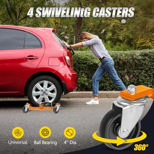 TUFFIOM Car Wheel Dolly Set of 4, Mechanical 6000-lbs Car Dollies, 12'' Wheel Vehicle Positioning Jack, No Assembly, Heavy Duty Rollers w/Ratcheting Foot Pedal, for Tire Auto Repair,Orange - color: Orange-Silver,Set of 4