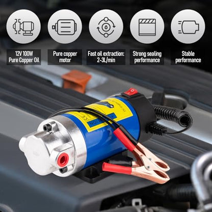 Oil Extractor Pump 12V 100W, Ultra-Quiet Fluid Transfer Pump for Engine Oil, Transmission Fluid, Gear Oil Change - Self-Priming Oil Change Pump for Car, Boat, Motorcycle, Mower, RV (3 Hoses+Adapters)