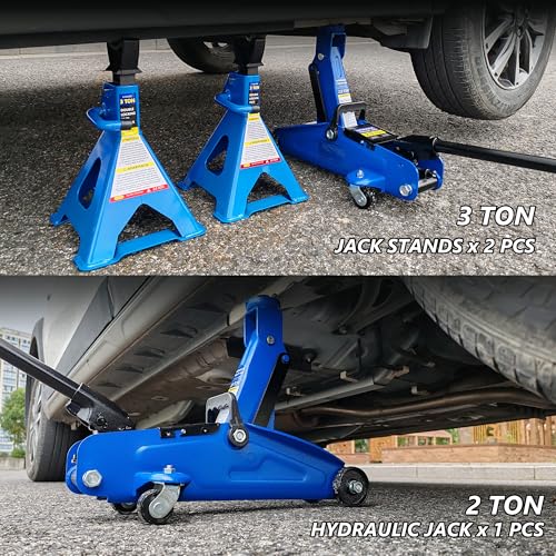 2 Ton (4000 lbs) Capacity, Low Profile Hydraulic Trolley Service/Floor Jack Combo with 2 Ratchet 3 Ton Jack Stands, tire Repair kit, 14-inch Wheel Cross Wrench - color: 2Ton + Stands+Tire repair+Wrench+Wheel chock Blue