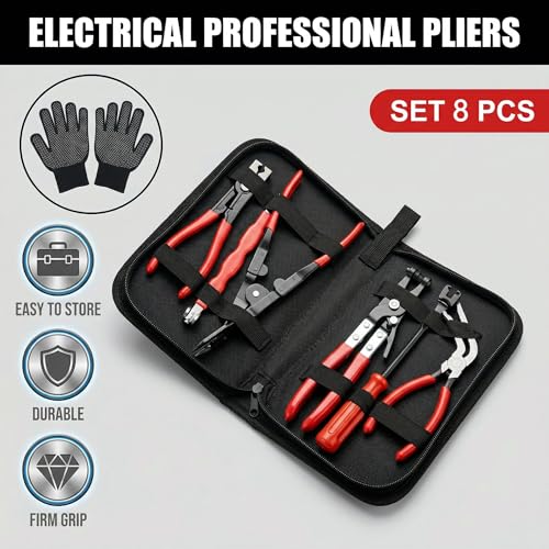 8 Pcs Automotive Electrical Disconnect Pliers Kit with Gloves | High-Carbon Steel Connector Separator, Hose Clamp & Trim Clip Removal Tools for Auto Repair,Automotive Repair Tool Kit