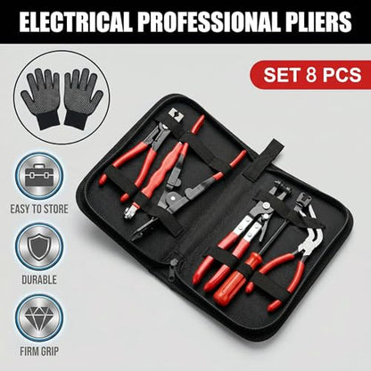 8 Pcs Automotive Electrical Disconnect Pliers Kit with Gloves | High-Carbon Steel Connector Separator, Hose Clamp & Trim Clip Removal Tools for Auto Repair,Automotive Repair Tool Kit
