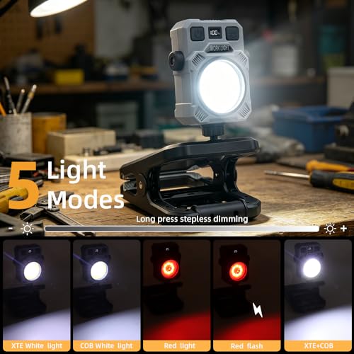 Rechargeable Work Light Magnetic LED Portable Flood Light for Power Cuts, with 360° Rotating Clip, 5 Modes, 6000LM Under Hood Work Light Bar for Camping, Car Repair, Emergency clamp Lamp