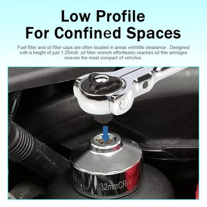 1 PC Car Oil Filter Wrench, 32mm 6-Point Low-profile Oil Filter Socket Tool, 3/8" Drive Steel Oil Pan Filter Removal Wrench, Compatible with Ecotec, TDI, VW, Audi, BMW (Silver)