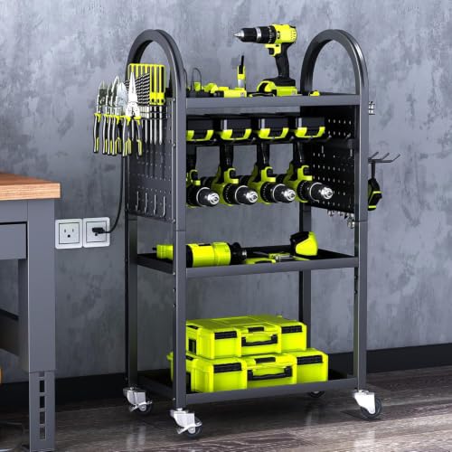KAFAHOM Power Tool Organizer - 4 Tier Rolling Tool Cart with 8-12 Drill Holder,Tool Storage Cart on Wheels - Heavy Duty Metal Utility Tool Shelf for Garage, Workshop, Warehouse & Repair Shop - color: Black-no Power