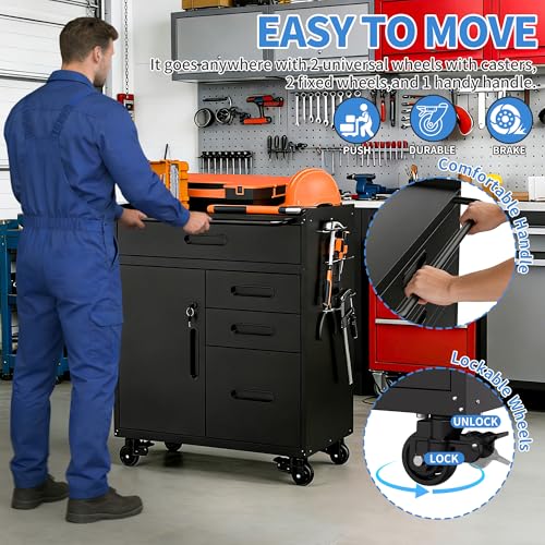 Metal Storage Cabinet for Garage, Tool Cabinet, Utility Cabinet | Wheeled, Rolling Tool Cabinet, 4 Drawers, 1 Doors Lockable, Top Countertop, Pegboard, Assembly Required, Black - color: Black