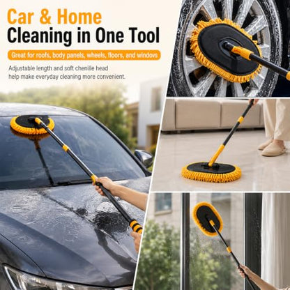 Extension Pole Car Wash Mop with Long Handle, Microfiber Car Wash Brush | Telescopic long-reach mop, 49 in reach, 15° angled head, reaches roofs scratch-free, wet or dry, cars, SUVs, RVs & boats