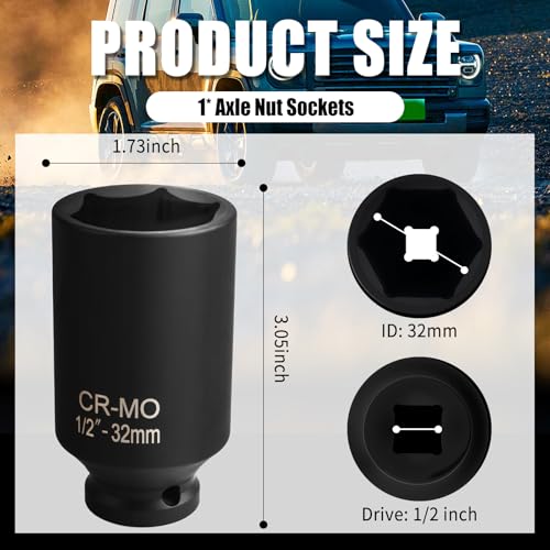 32 mm Socket 1/2 Drive with 6 Point Design,1/2 Drive Anti-Rust 32mm Axle Nut Socket for Shaft Nut Quick Dismantle,Professional Deep Impact Sockets Set Automotive Tools