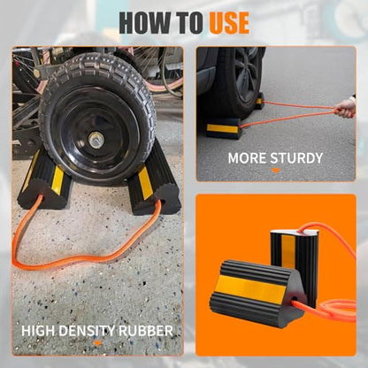 4 Pack Rubber Wheel Chocks for RV Trailer with Rope & Reflective Strips, Heavy Duty Non-Slip Tire Stopper for Camper, Truck, Car, Travel Trailer