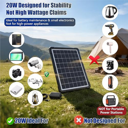 20W Hybrid Solar Battery Charger & Maintainer 12V + USB Hub Kit - Waterproof Trickle Charger for Car, Boat, RV, Motorcycle - Universal 5-in-1 Portable Solar Panel for Phone, Camping