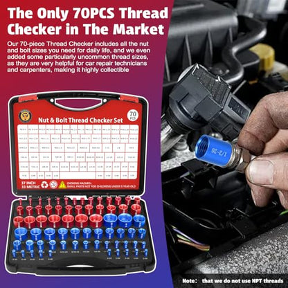 70 Pcs Thread Checker Nut and Bolt Thread Checker Set with 37 Inch and 33 Metric Box Set Thread Gauge SAE and Metric Sizes Perfect for Tight Spaces Ideal for Bolt and Nut Size Checking