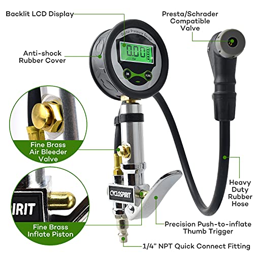 Presta Valve Air Chuck, Digital Bike Tire Inflator Gauge for Air Compressor | A bike compressor attachment for Presta & Schrader valves, tubeless setups and quick inflation with spare cores and caps.