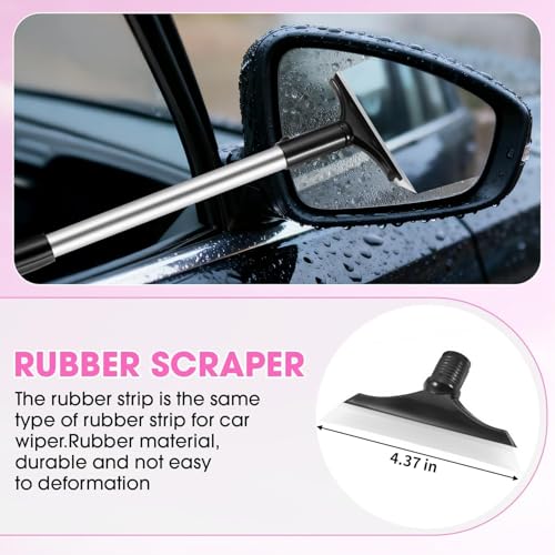 Pink Windshield Cleaner Tool, Car Interior Cleaning Kit with Extendable Handle and 3 Reusable Microfiber Pads, Auto Glass Wiper and Detailing Brush Kit for Car & Home Window - color: Rose Pink