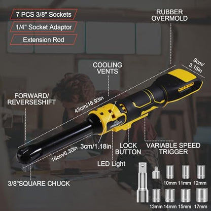 3/8" Extended Cordless Ratchet Wrench for Dewalt 20V Series Batteries | 600 RPM, 100 N.m Electric Power Ratchet Set with 8 Metric Sleeves,Built-in LED Light, Extended 6-inch Long Neck