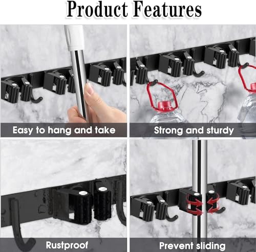 Black Broom Holder Wall Mount, 5 Racks 4 Hooks Mop and Broom Organizer | Mop Holder Wall Mount and Broom Hanger for Garage, Laundry Room, Kitchen and Utility Storage - color: 5 Racks & 4 Hooks (Black) - 1 Pack