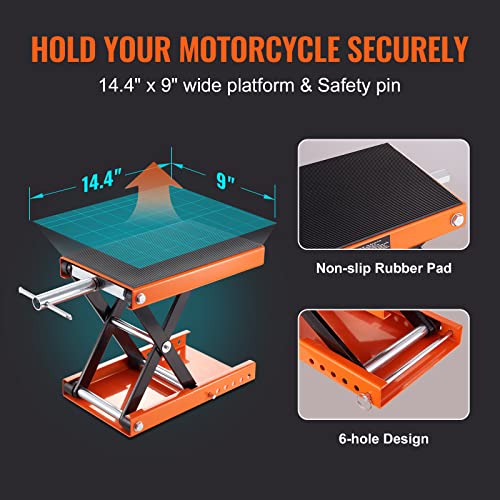 VEVOR Motorcycle Lift, 1100 LBS Motorcycle Scissor Lift Jack with Wide Deck & Safety Pin, 3.7"-13.8" Center Hoist Crank Stand, Steel Scissor Jack for Street Bikes, Cruiser Bikes, Touring Motorcycles | Steel Scissor Jack with Lock Pin, 3.7"-13.8" Center Ho