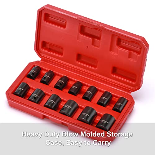 CASOMAN 13 Pieces 3/8-Inch Drive Impact Socket Set, 6-Point, Metric, Shallow, CR-V, 7mm to 19mm, Heavy Duty Blow Molded Storage Case - size: Shallow