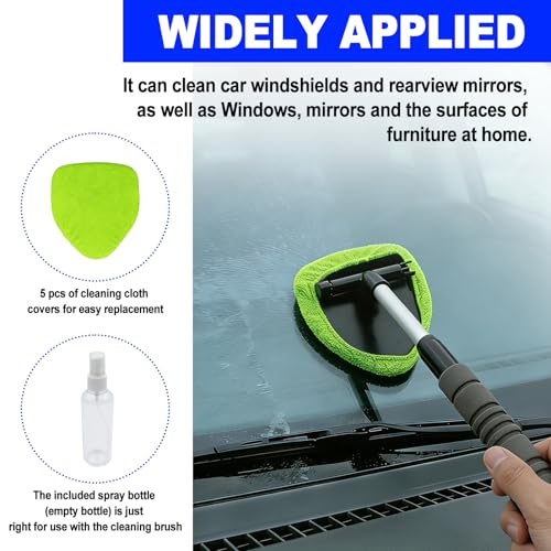 Car Detailing Kit, Extendable Windshield Cleaner with 5 Upgraded Reusable Microfiber Pads | Interior/Exterior Auto Glass & Wheel Cleaning Tool