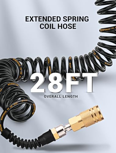 EVOULTES 1/4 In x 28 Ft Polyurethane Recoil Air Hose, Upgraded Air Compressor Hose with Repairable Bend Restrictor, Air Hose kit w/ 360° Swivel 1/4" NPT Coupler & Brass Quick Connect Air Fittings - color: Black