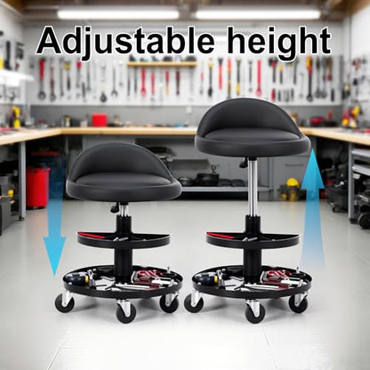 Frassie Rolling Mechanics Garage Seat Stool with Storage Tool Tray Adjustable Height for Auto Repair 300 LBS Capacity