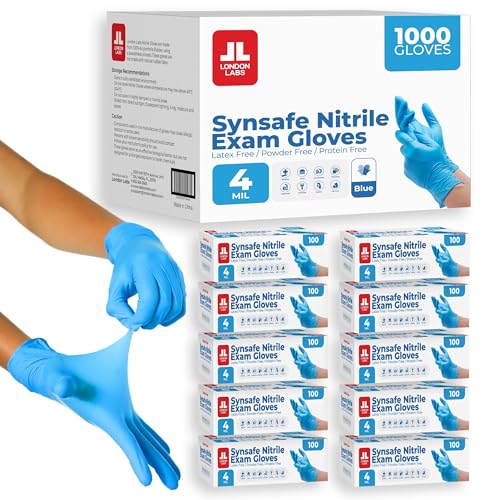 London Labs Synsafe 4 Mil - Blue Nitrile Exam Gloves –Disposable Latex Free & Powder Free – Extra Strong, Rubber Gloves - size: X-Large, style: 1000 Count