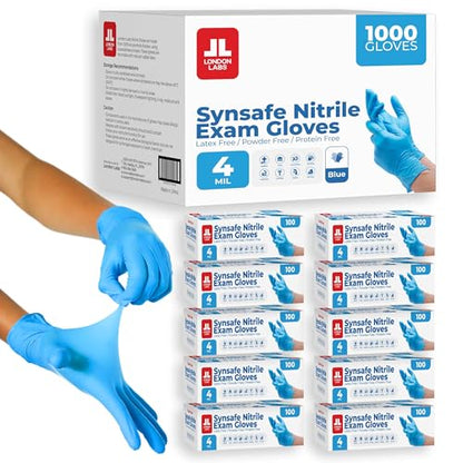 London Labs Synsafe 4 Mil - Blue Nitrile Exam Gloves –Disposable Latex Free & Powder Free – Extra Strong, Rubber Gloves - size: X-Small, style: 1000 Count