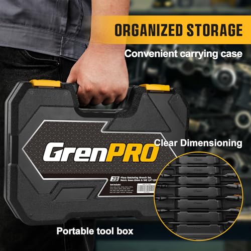 GRENPRO 23PCS Ratcheting Combination Wrench Set SAE Metric Mechanic Tools | 1/4"-3/4"&6-18MM Bolt Gauge, Electro-Coated CR-V 72-Tooth 5Deg Swing 12Pt Corrosion Resistant, Roll Pouch Auto&HomeRepair - style: Ratcheting Wrench Set (Metric&SAE)