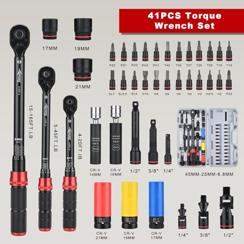 AEROFORCE 1/4 & 3/8 & 1/2-inch Drive Click Torque Wrench, 41Pcs Torque Wrench Set with Sockets and extensions, Hex, Torx, magnetic Spark Plug for Car, Motorcycle, Bike Repair - size: 1/4" & 3/8" & 1/2" (41-Piece), style: 4 - 20 lb-ft & 5 - 45 lb-ft & 15 -