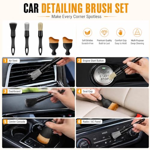 Car Detailing Brush Kit, 5PCS Auto Cleaning Brushes Set with Soft Boar Hair and Vent Brushes, Interior and Exterior Detailing Tools for Dashboard Wheels Air Vents, Universal Car Cleaning Kit