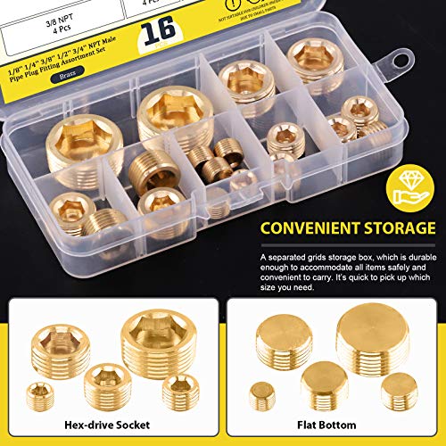16Pcs 5 Sizes Brass NPT Plug Assortment Kit, 1/8" 1/4" 3/8" 1/2" 3/4" Internal Hex Counter Sunk Pipe Fitting Male Thread Pipe Plug Set