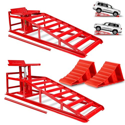2PCS 5T Hydraulic Car Ramps, Heavy Duty Hydraulic Vehicle Ramps Lift Ramp, Portable Car Ramps for Oil Changes, with Wheel Chock Combo, Car Lifts for Home Garage, Vehicle Auto Garage Repair - color: Red +Wheel Chock (2pcs)