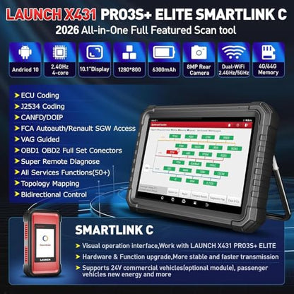 LAUNCH X431 PRO3S+ Elite with SmartlinkC 2.0,2026 Bi-Directional Scan Tool with J2534,OEM Topology Map, HD Truck Scan,ECU Code,CANFD &DOIP,FCA AutoAuth,60+ Service,2 Years Update
