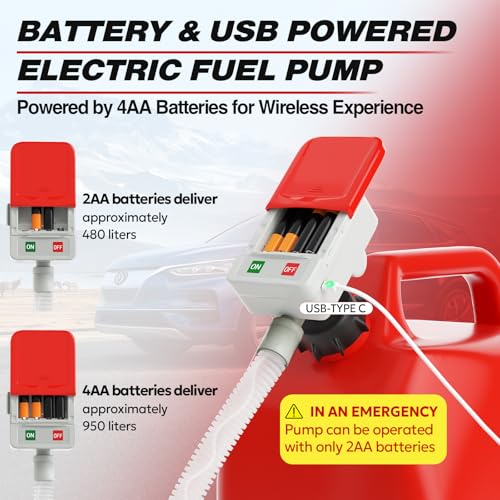 Keimi Portable Fuel Transfer Pump with Auto-Stop, 3.2 Gallon per Min, 51" Extra Long Hose, Battery & USB Powered, 4 Can Adapters, Leak-proof Gas Pump for Oil, Diesel and Gasoline - color: Grey Red