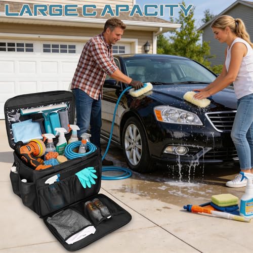 Large Car Detailing Organizer with Hard Pad Support, Car Detailing Bag with Multiple Pockets, Cleaning Bags for Housekeepers, Cleaning Supply Bag, Black