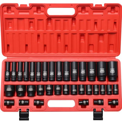 Hex Bit Impact Socket Set,35 PCS 1/2" Drive Deep and Shallow Impact Socket Set,Metric (Shallow 8-32mm and Deep 10-32mm) Sizes Socket with Durable Case for Automotive Mechanic - size: 1/2" Metric 35PC Set
