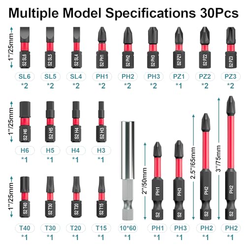 30Pcs Screwdriver Bit Set, S2 Steel Impact Bits | with Magnetic Phillips, Slotted, Torx, Hex & Allen, Storage Case Included, for Electric Drills DIY Woodworking Construction - style: 30Pcs Screwdriver Bits Set