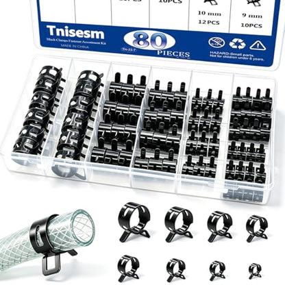 Tnisesm 80Pcs Spring Band Hose Clamps Assortment kits Silicone Vacuum Hose Pipe Clamp 7mm 9mm 10mm 11mm 14mm 15mm 16mm 18mm Low Pressure Air Clip Clamp(Black) - size: 80Pcs - 8 Sizes