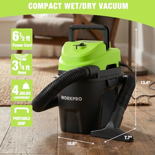WORKPRO 1.5 Gallon Wet Dry Vacuum Cleaner, 2.5 Peak HP Portable Shop Vacuum with Powerful Suction, Lightweight Wet/Dry Vac for Car, Garage & Home Cleaning, Wall-Mount Storage