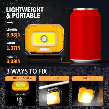 2Pack Magnetic Work Light, 1200LM COB LED Rechargeable | 15 Lighting Modes, 360° Rotatable Flood Lights, Car Repairing, Job Site Lighting, Emergency Outdoor Camping Hiking - color: yellow-2